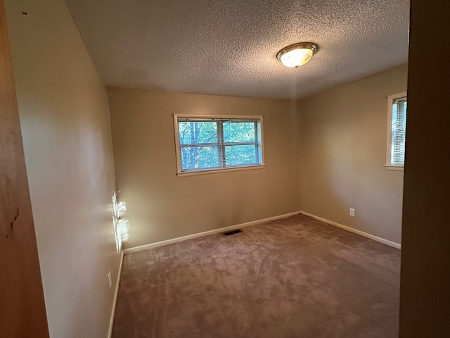 carpeted spare room with a textured ceiling