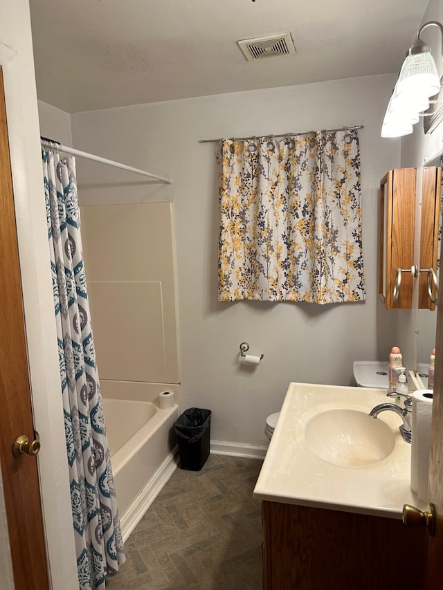 full bathroom featuring vanity, parquet flooring, shower / bathtub combination with curtain, and toilet