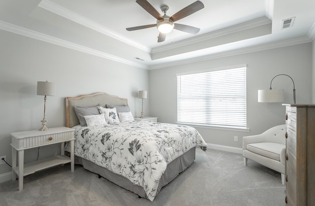 141 Andros Dr, Dalton, GA 30721 - carpeted bedroom featuring a raised ceiling, crown molding, baseboards, and a ceiling fan