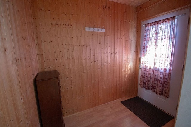 interior space with wooden walls and light wood-style flooring