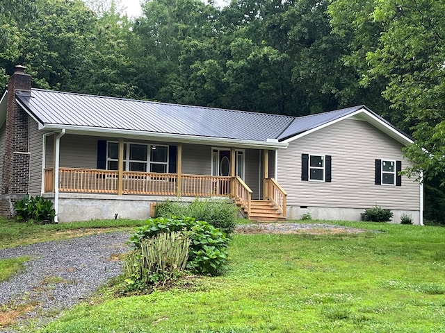 830 Chattanooga Rd, Cohutta, GA 30710 - ranch-style house featuring covered porch, a metal roof, crawl space, a chimney, and a front lawn