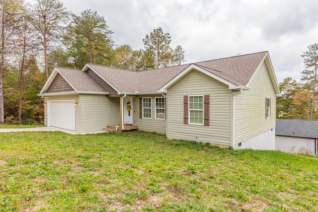 ranch-style home with a garage and a front lawn