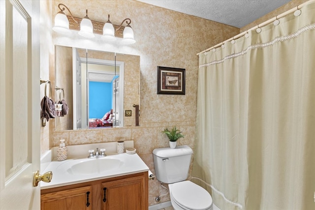 217 Valley Rd, Chatsworth, GA 30705 - bathroom featuring vanity, wallpapered walls, curtained shower, and a textured ceiling