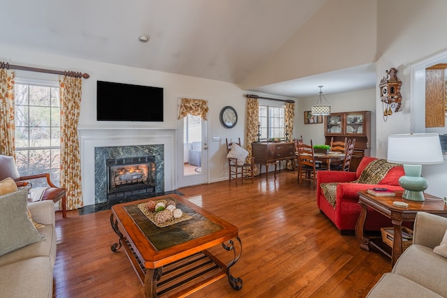 living room featuring hardwood / wood-style flooring, a high end fireplace, high vaulted ceiling, and plenty of natural light