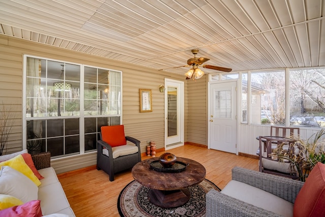 sunroom featuring wood ceiling and ceiling fan