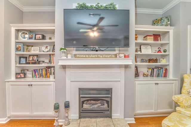 interior space with a fireplace, light wood-type flooring, and ornamental molding