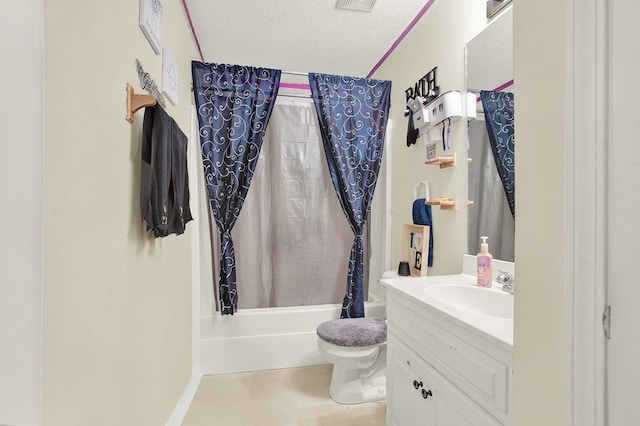 full bathroom featuring vanity, shower / bath combination with curtain, a textured ceiling, and toilet