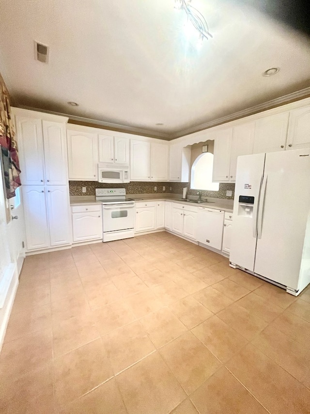 kitchen featuring sink, white cabinetry, ornamental molding, white appliances, and decorative backsplash