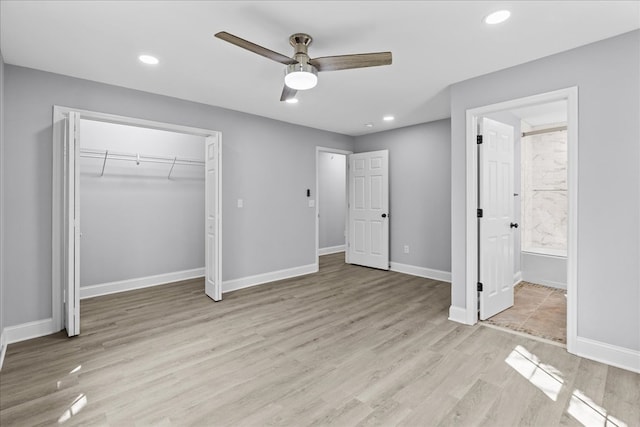 638 Pine Oaks Dr, Tunnel Hill, GA 30755 - unfurnished bedroom featuring light wood-type flooring, ensuite bathroom, a closet, recessed lighting, and ceiling fan