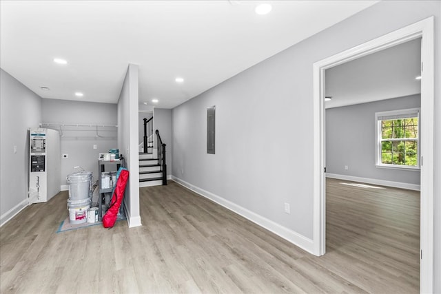638 Pine Oaks Dr, Tunnel Hill, GA 30755 - basement featuring wood finished floors, recessed lighting, electric panel, and stairs