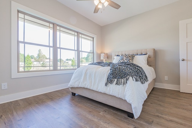 bedroom featuring multiple windows, baseboards, and wood finished floors