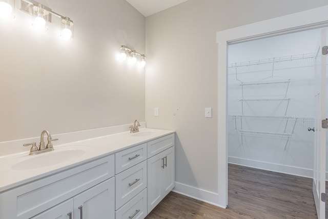 full bath with a walk in closet, wood finished floors, baseboards, and a sink