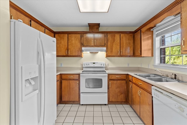 kitchen with sink, light tile patterned floors, and white appliances