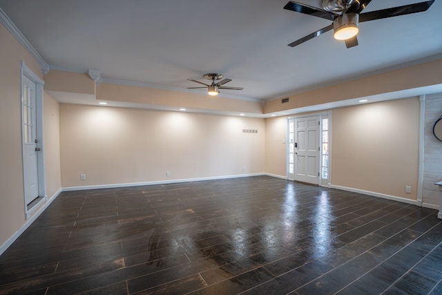 unfurnished room featuring recessed lighting, baseboards, wood finished floors, and ornamental molding