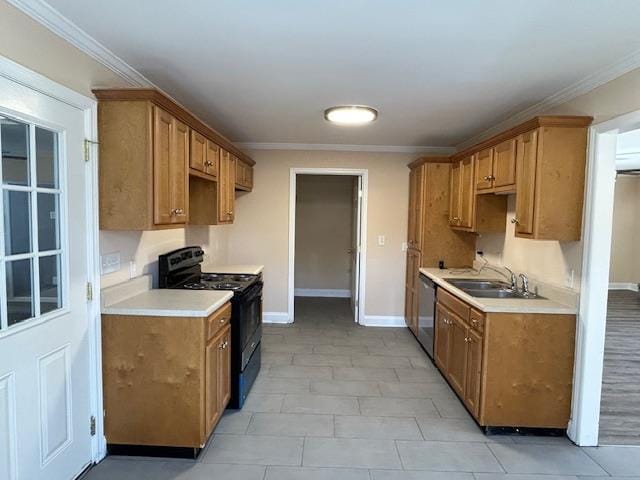 kitchen featuring ornamental molding, dishwasher, black stove, and a sink