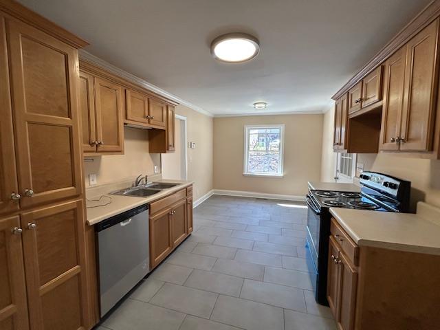 kitchen with baseboards, a sink, light countertops, black range with electric cooktop, and stainless steel dishwasher