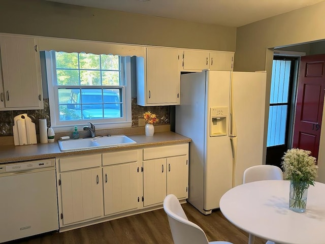1935 Meadowbrook Cir Unit C, Dalton, GA 30720 - kitchen featuring white cabinets, white appliances, a sink, dark wood-style floors, and backsplash