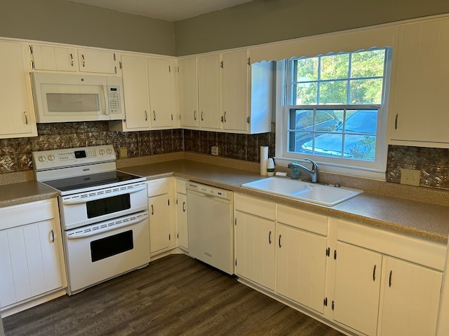1935 Meadowbrook Cir Unit C, Dalton, GA 30720 - kitchen featuring a sink, tasteful backsplash, white appliances, white cabinets, and dark wood-style flooring