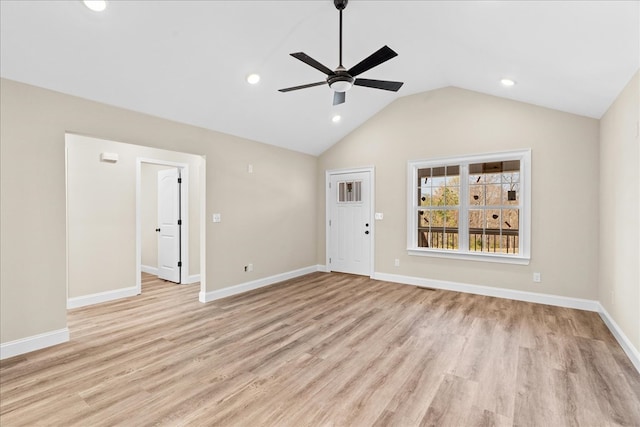 unfurnished living room with recessed lighting, light wood-style floors, and ceiling fan