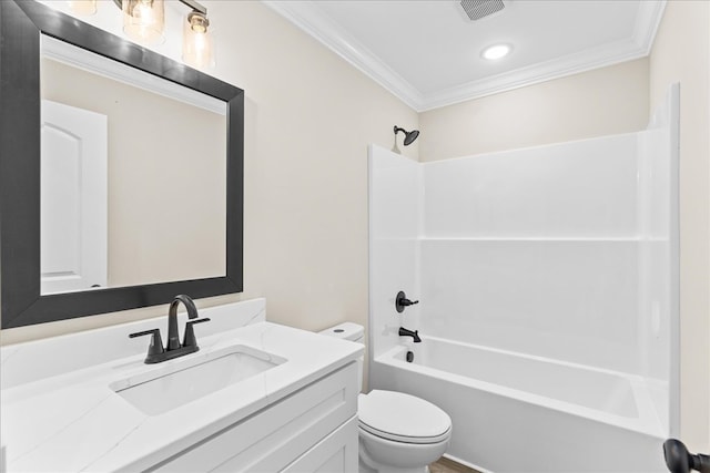 full bath with toilet, visible vents, shower / washtub combination, vanity, and ornamental molding