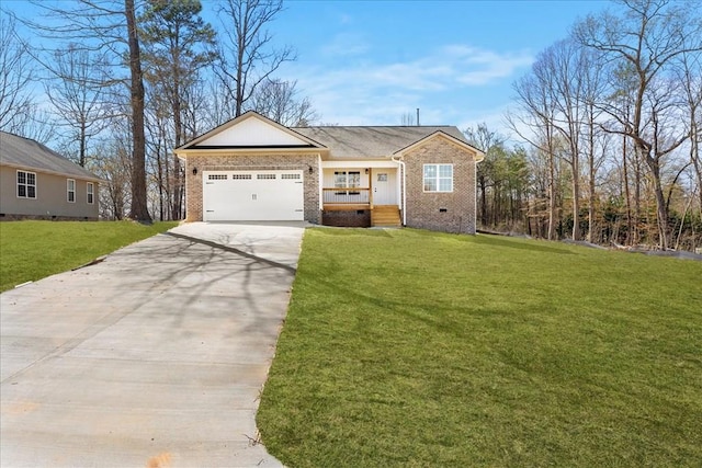 ranch-style home with a garage, brick siding, a front yard, and concrete driveway