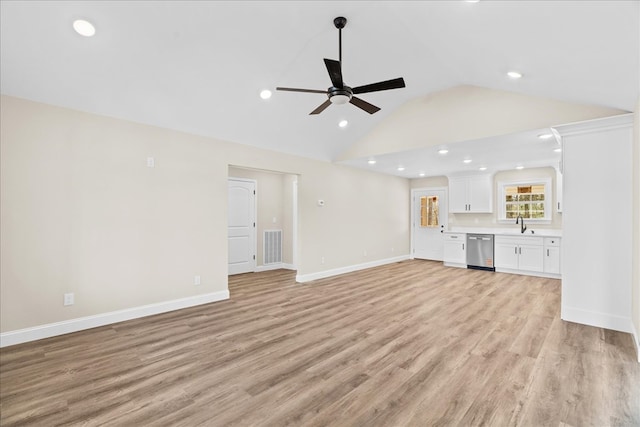 unfurnished living room featuring light wood-type flooring, ceiling fan, baseboards, visible vents, and recessed lighting