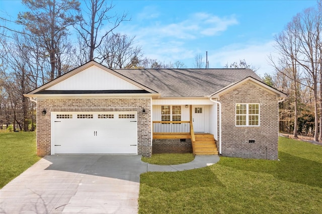 ranch-style house featuring a front lawn, roof with shingles, an attached garage, driveway, and brick siding