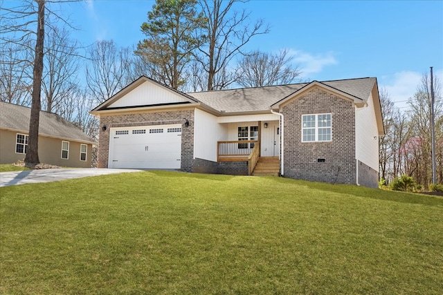 single story home with brick siding, a front yard, a garage, and concrete driveway