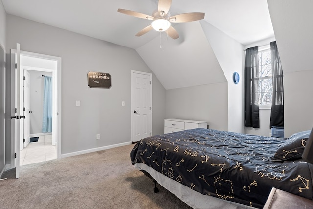 carpeted bedroom featuring ceiling fan and lofted ceiling