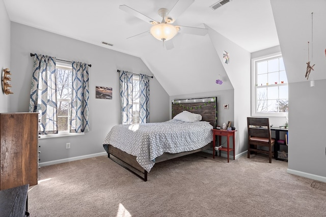 bedroom with carpet, lofted ceiling, and ceiling fan