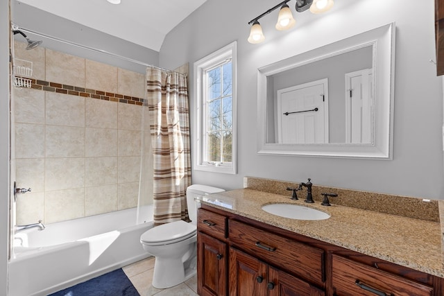 full bathroom with vanity, shower / bathtub combination with curtain, tile patterned floors, and toilet