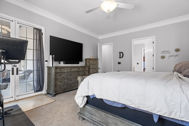 bedroom featuring light colored carpet, ornamental molding, and ceiling fan