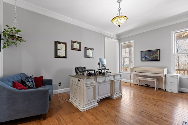 office space with crown molding and light hardwood / wood-style flooring