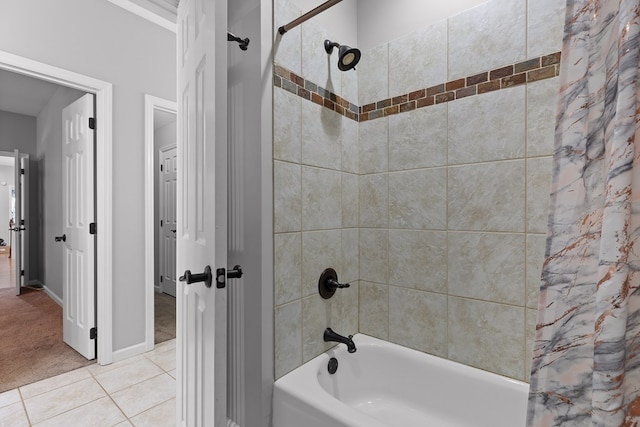 bathroom with shower / bathtub combination with curtain and tile patterned floors