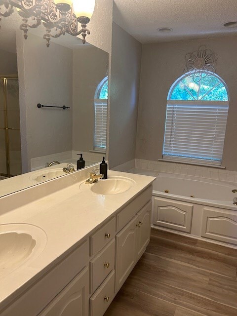 1699 Pin Oak Dr Unit 133, Dalton, GA 30721 - full bathroom featuring double vanity, a tub with jets, a textured ceiling, wood finished floors, and a stall shower