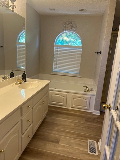 1699 Pin Oak Dr Unit 133, Dalton, GA 30721 - bathroom featuring vanity, a garden tub, a textured ceiling, and wood finished floors