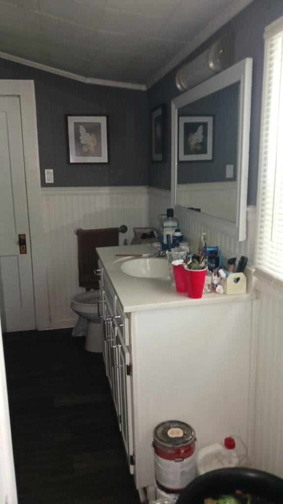 430 Lester Ave, Dalton, GA 30721 - bathroom featuring vanity, a wainscoted wall, crown molding, toilet, and wood finished floors