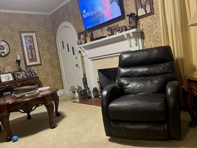 430 Lester Ave, Dalton, GA 30721 - living area featuring carpet floors, wallpapered walls, crown molding, and a fireplace