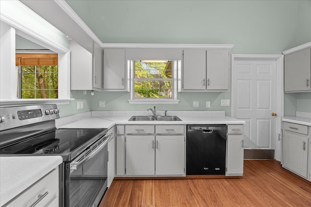 493 Lennox Way, Rocky Face, GA 30740 - kitchen featuring a sink, stainless steel range with electric stovetop, light countertops, light wood-style flooring, and black dishwasher