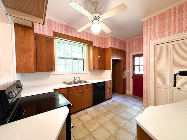 705 Greenwood Dr, Dalton, GA 30720 - kitchen featuring ornamental molding, wallpapered walls, brown cabinets, a sink, and black appliances