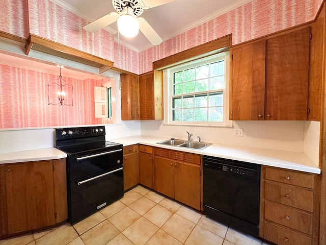 705 Greenwood Dr, Dalton, GA 30720 - kitchen with wallpapered walls, light countertops, a sink, light tile patterned floors, and black appliances