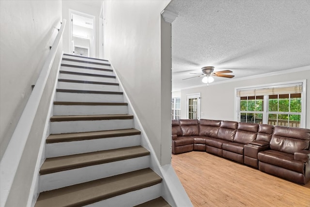 353 Diamond Way, Chatsworth, GA 30705 - staircase with a textured ceiling, ceiling fan, crown molding, and wood finished floors