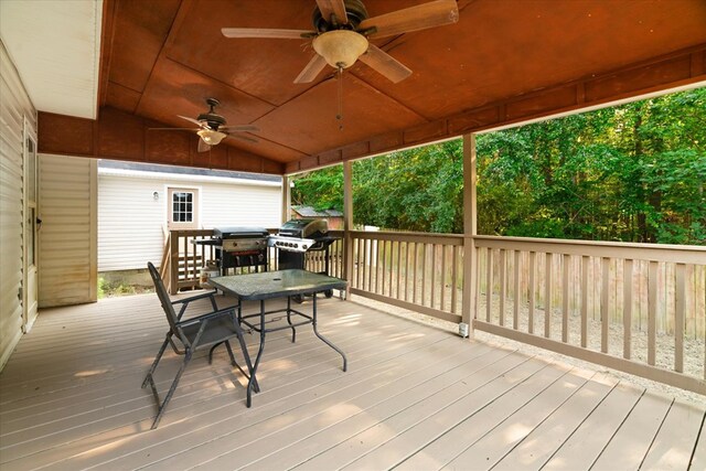 353 Diamond Way, Chatsworth, GA 30705 - wooden terrace with ceiling fan, outdoor dining space, and a grill