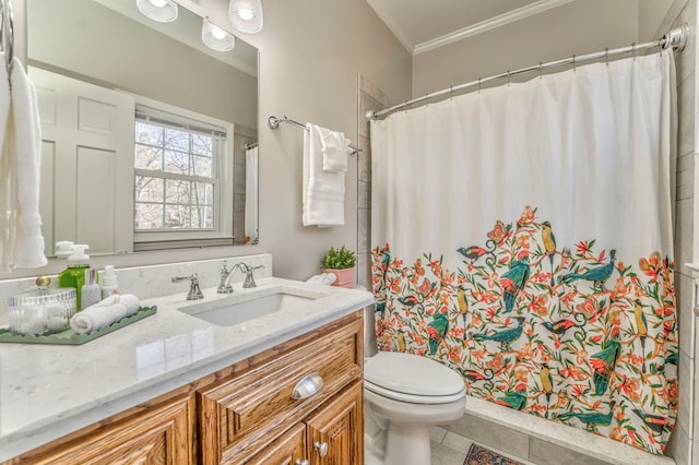 bathroom featuring vanity, crown molding, toilet, and walk in shower