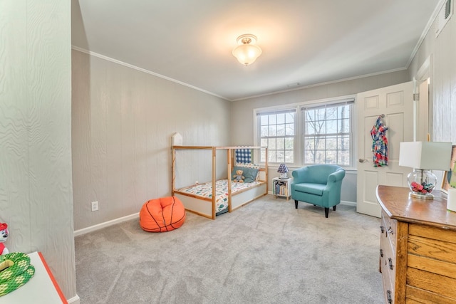 bedroom with crown molding and light carpet