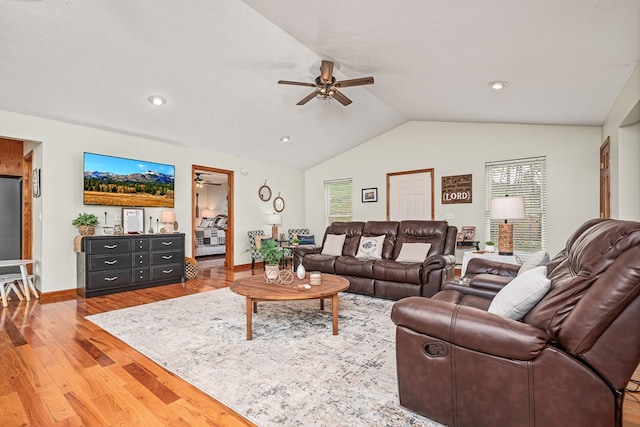 living area featuring baseboards, recessed lighting, lofted ceiling, a ceiling fan, and wood finished floors