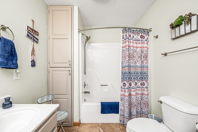 full bathroom with toilet, vanity, and shower / bath combination with curtain