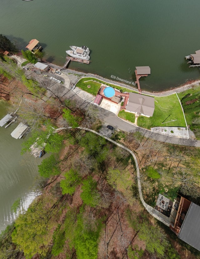 drone / aerial view featuring a water view