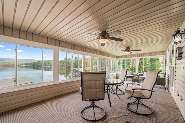 sunroom / solarium featuring a ceiling fan and a water view