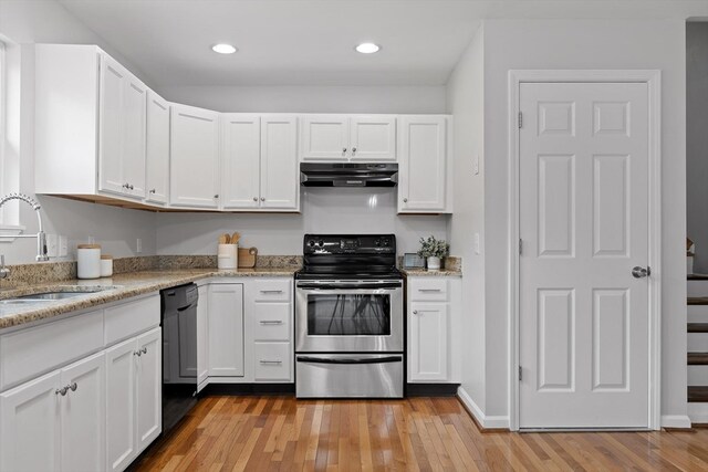 5742 Keith Rd, Ringgold, GA 30736 - kitchen featuring stainless steel electric range, a sink, black dishwasher, white cabinetry, and under cabinet range hood